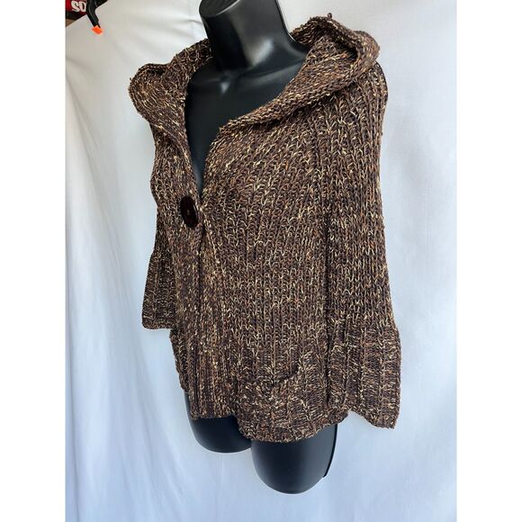 BCBG Max Azria Y2K Chunky Knit Brown Cardigan Sweater S Hooded Retro 3/4 Sleeve - Picture 3 of 12